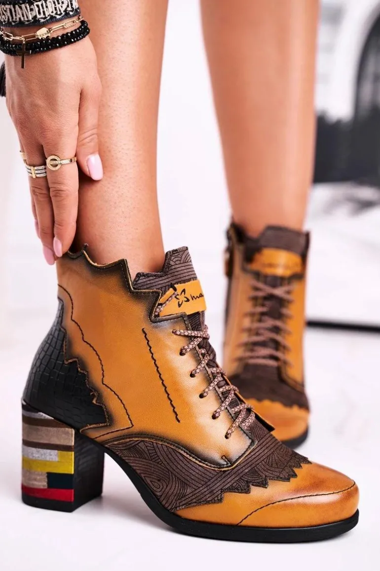 Botki Damskie Skórzane Trzewiki Maciejka Żółte 03190-07