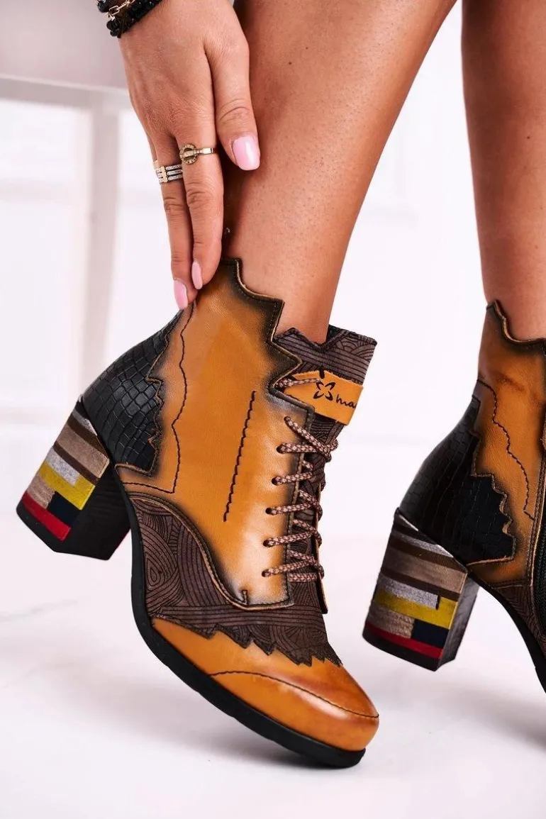 Botki Damskie Skórzane Trzewiki Maciejka Żółte 03190-07