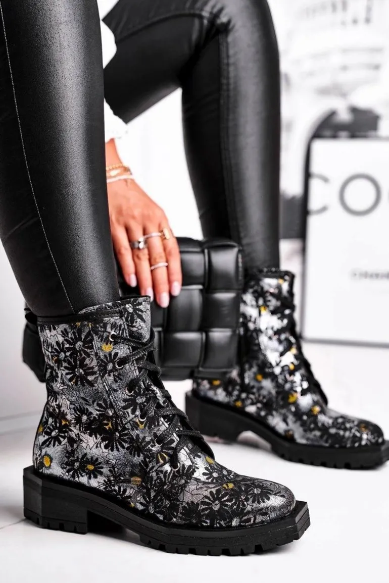 Botki Damskie Skórzane Trzewiki Maciejka Kwiaty 04869-38