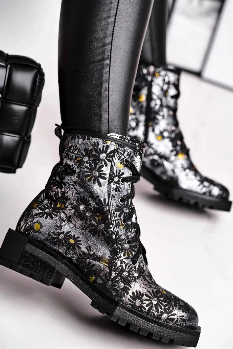 Botki Damskie Skórzane Trzewiki Maciejka Kwiaty 04869-38