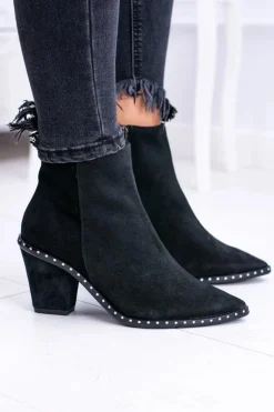 Botki Damskie Skórzane W Szpic Z Suwakiem Czarne Sonoma