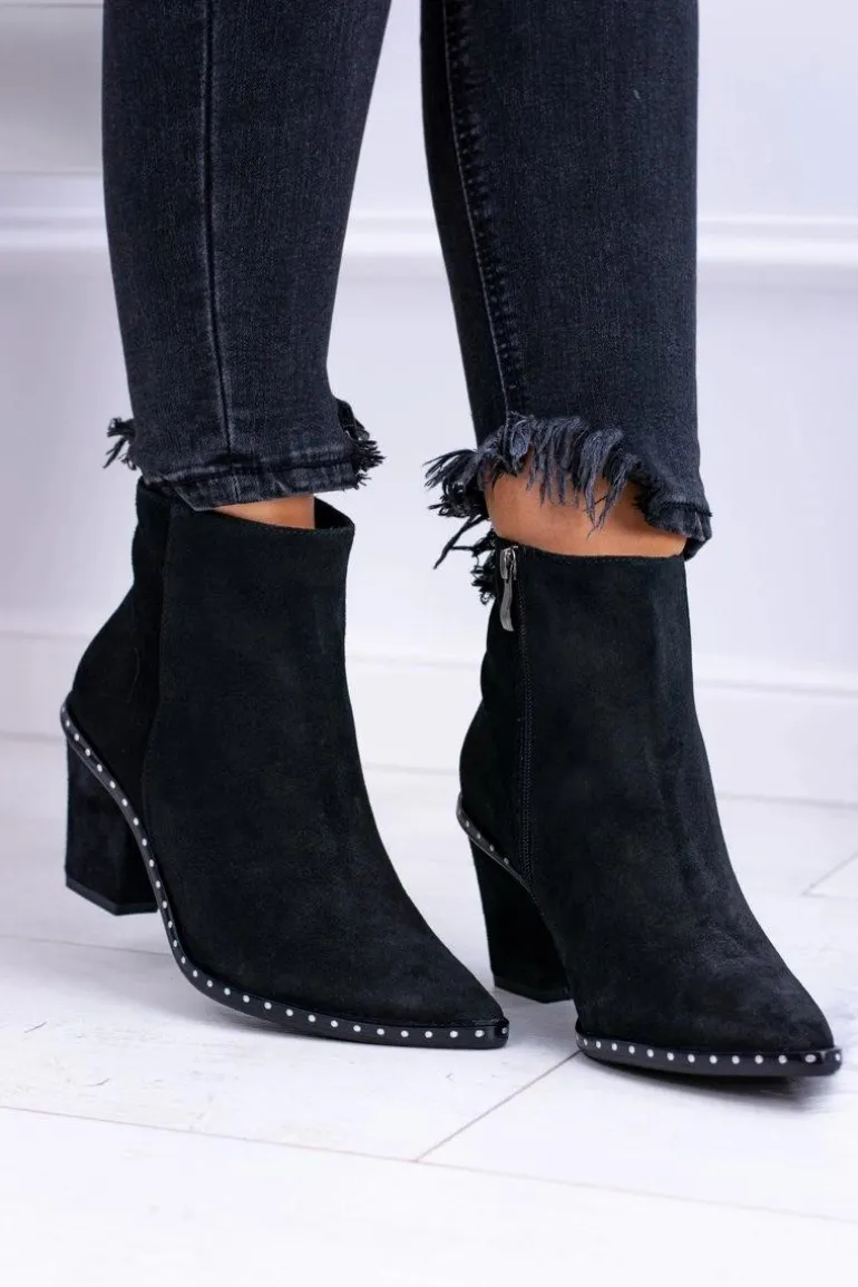 Botki Damskie Skórzane W Szpic Z Suwakiem Czarne Sonoma