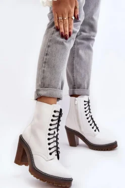 Botki Damskie Sznurowane Na Słupku Białe Arove
