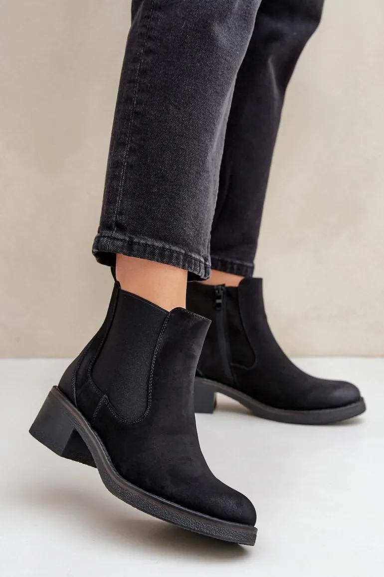 Botki Damskie Sztyblety Ocieplane Niski Obcas Zamek Czarne Savalindra