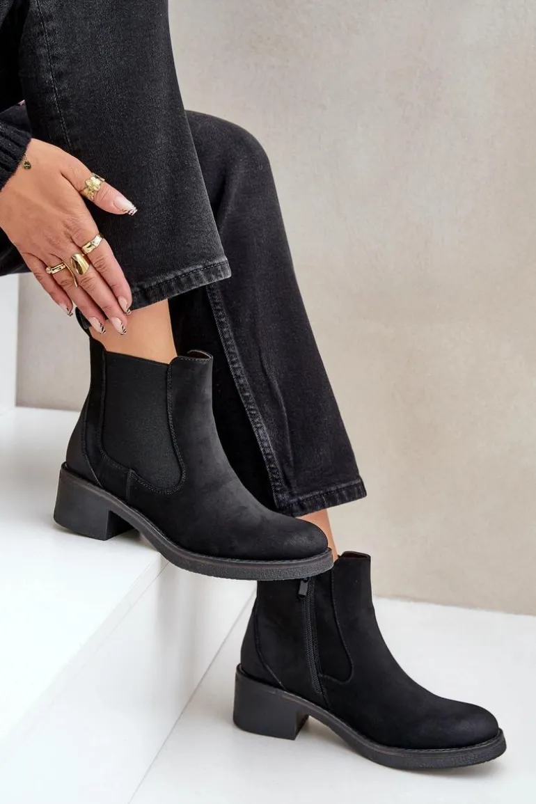 Botki Damskie Sztyblety Ocieplane Niski Obcas Zamek Czarne Savalindra