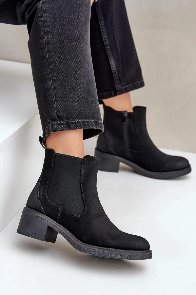 Botki Damskie Sztyblety Ocieplane Niski Obcas Zamek Czarne Savalindra