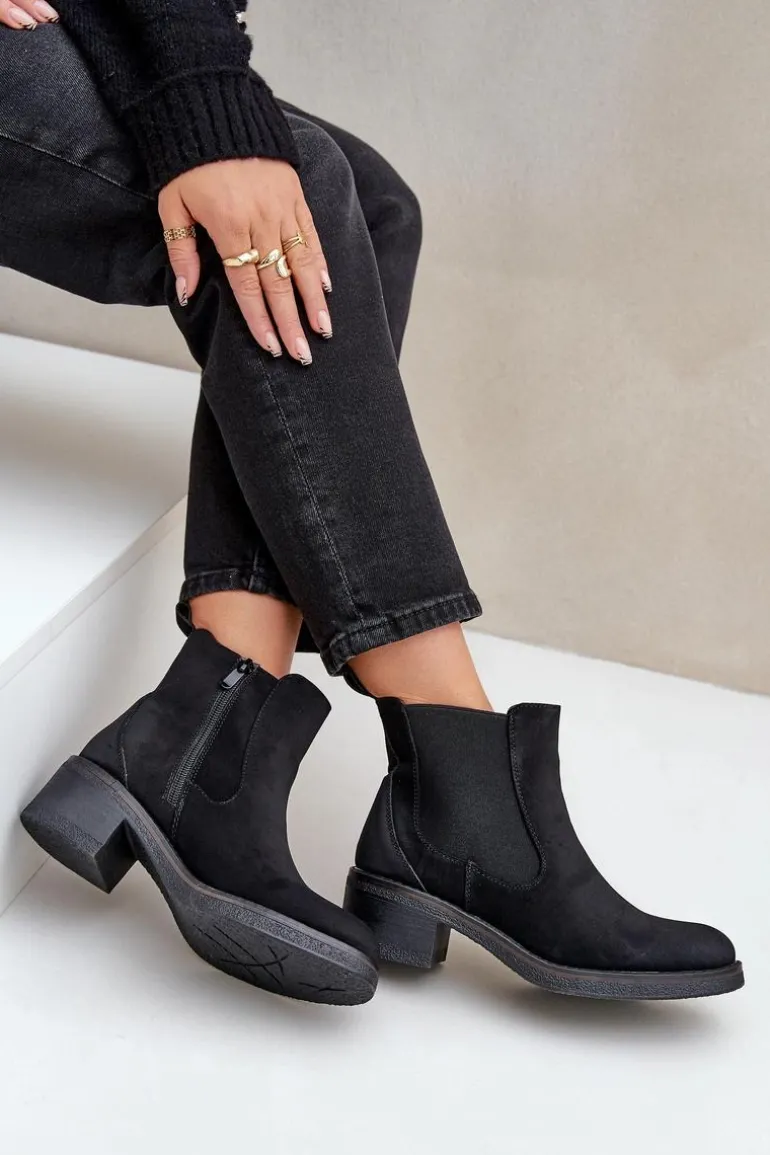 Botki Damskie Sztyblety Ocieplane Niski Obcas Zamek Czarne Savalindra
