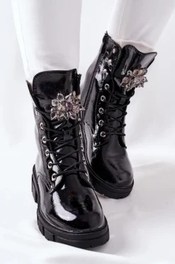 Botki Damskie Trapery Czarne Kryształy Tweten
