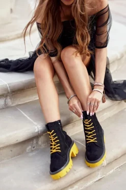 Botki Damskie Trapery Czarne Żółte Zamszowe Malawi