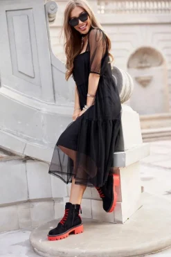 Botki Damskie Trapery Czarne Czerwone Zamszowe Malawi