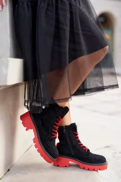 Botki Damskie Trapery Czarne Czerwone Zamszowe Malawi