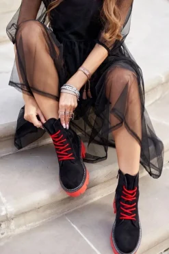 Botki Damskie Trapery Czarne Czerwone Zamszowe Malawi