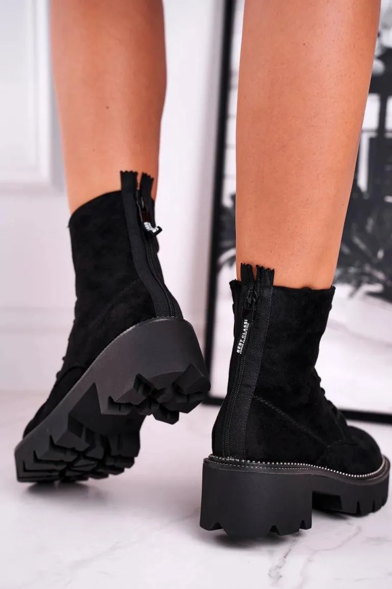 Botki Damskie Trapery Czarne Zamszowe Malawi