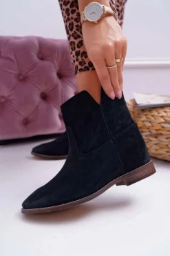 Botki Damskie Ukryty Koturn Płaski Obcas Czarne Nicole 2419