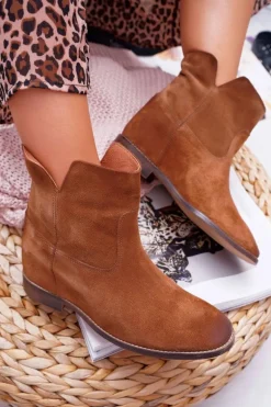 Botki Damskie Ukryty Koturn Płaski Obcas Brązowe Nicole 2419