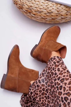 Botki Damskie Ukryty Koturn Płaski Obcas Brązowe Nicole 2419