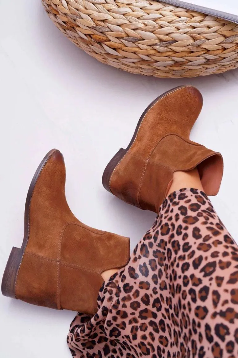 Botki Damskie Ukryty Koturn Płaski Obcas Brązowe Nicole 2419