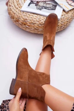 Botki Damskie Ukryty Koturn Płaski Obcas Brązowe Nicole 2419