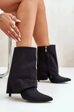 Botki Damskie W Paski Na Szpilce Z Wywiniętą Cholewką I Noskami W Szpic Czarne Naritua