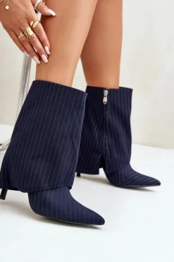 Botki Damskie W Paski Na Szpilce Z Wywiniętą Cholewką I Noskami W Szpic Granatowe Naritua