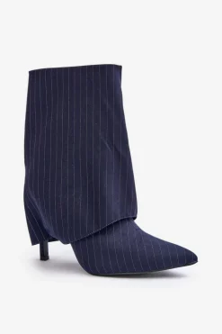 Botki Damskie W Paski Na Szpilce Z Wywiniętą Cholewką I Noskami W Szpic Granatowe Naritua