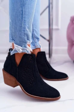 Botki Damskie Wiosenne Kowbojki Czarne Matty