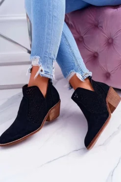 Botki Damskie Wiosenne Kowbojki Czarne Matty