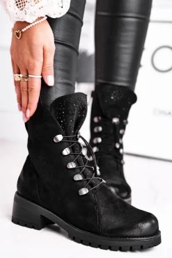 Botki Damskie Workery Ciepłe Czarne Bipper