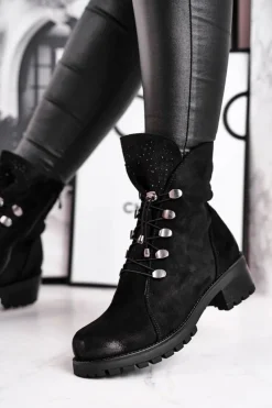 Botki Damskie Workery Ciepłe Czarne Bipper