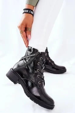 Botki Damskie Workery Lakierowane Czarne Goorey