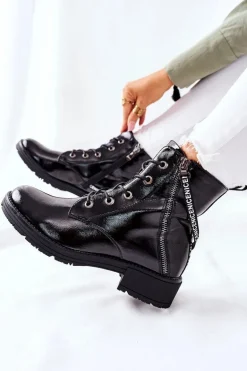 Botki Damskie Workery Lakierowane Czarne Goorey