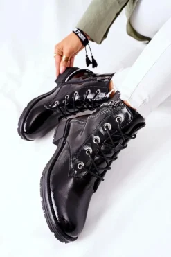 Botki Damskie Workery Lakierowane Czarne Goorey