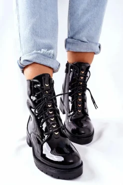 Botki Damskie Workery Lakierowane Czarne Maniana