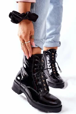 Botki Damskie Workery Lakierowane Czarne Maniana