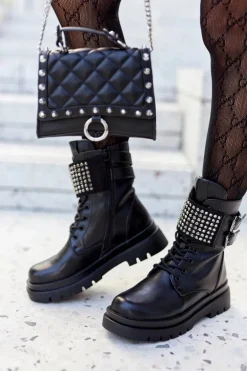 Botki Damskie Workery Z Ćwiekami Czarne Eveis