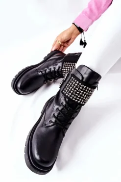 Botki Damskie Workery Z Ćwiekami Czarne Eveis