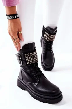 Botki Damskie Workery Z Ćwiekami Czarne Eveis