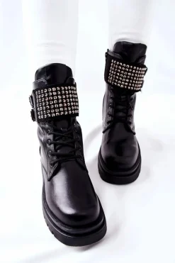 Botki Damskie Workery Z Ćwiekami Czarne Eveis