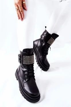 Botki Damskie Workery Z Ćwiekami Czarne Eveis