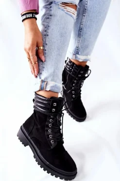 Botki Damskie Workery Zamszowe Czarne Deliopis