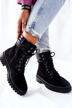 Botki Damskie Workery Zamszowe Czarne Deliopis