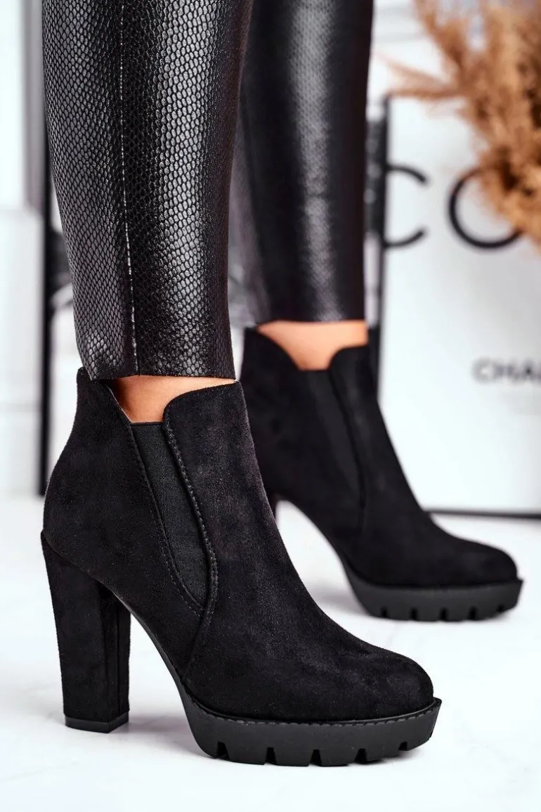 Botki Damskie Wsuwane Na Słupku Eko-Zamsz Czarne Berry