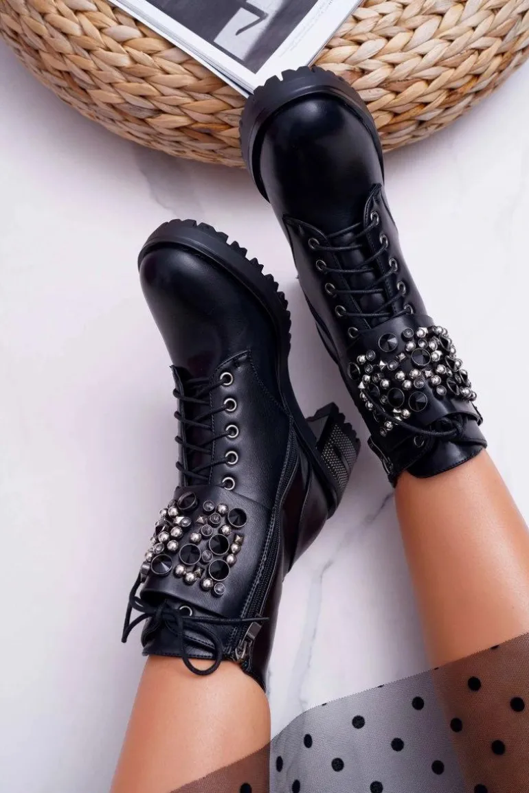 Botki Damskie Wysokie Rock Z Klapą Czarne Infinity