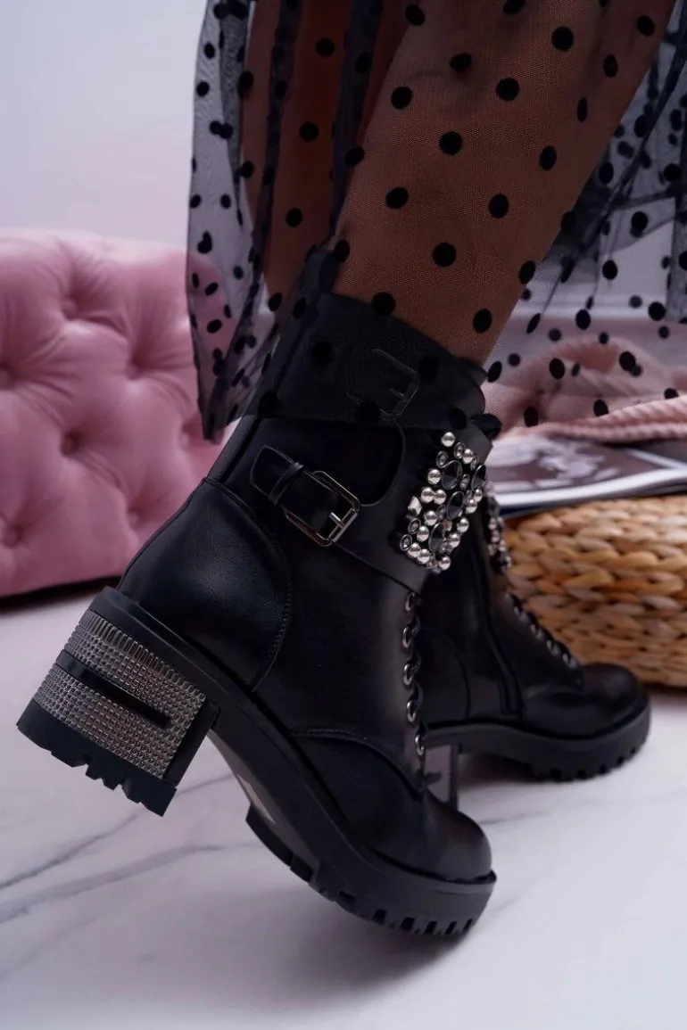 Botki Damskie Wysokie Rock Z Klapą Czarne Infinity