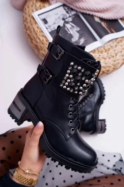 Botki Damskie Wysokie Rock Z Klapą Czarne Infinity