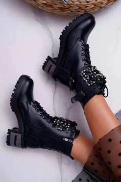 Botki Damskie Wysokie Rock Z Klapą Czarne Infinity