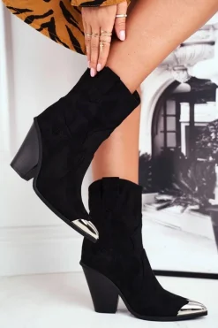 Botki Damskie Wysokie Zamszowe Stalowy Nosek Czarne Emporia