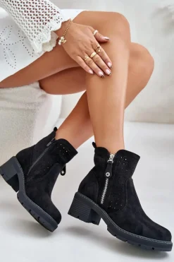 Botki Damskie Z Ażurowym Wzorem Na Obcasie Czarne Oviria