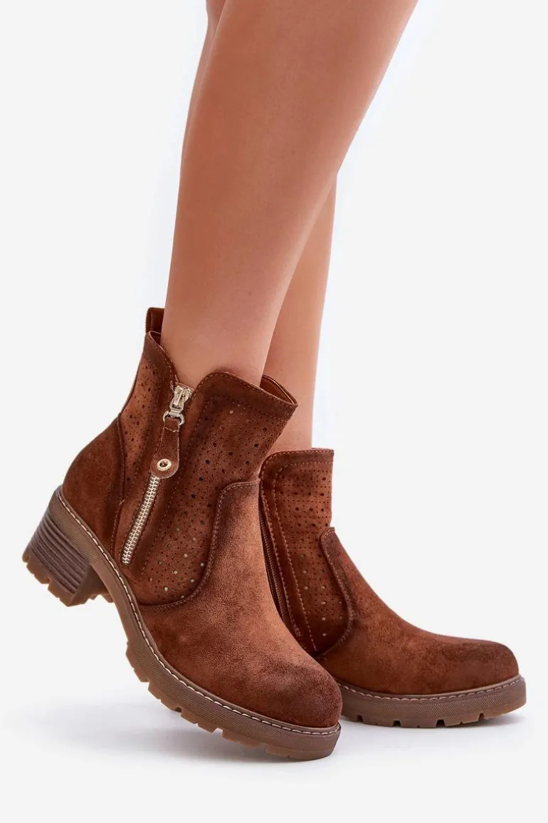 Botki Damskie Z Ażurowym Wzorem Na Obcasie Brązowe Oviria