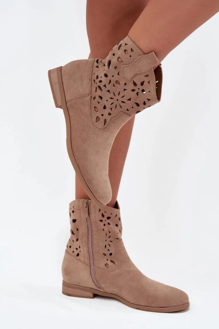 Botki Damskie Z Ażurowym Wzorem Na Płaskim Obcasie Eko Zamszowe Beżowe Athera